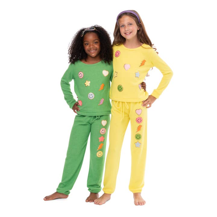 Girls (8-14) Hacci Sweatshirt & Sweatpants w/ Asst Patches for wholesale by Malibu Sugar
