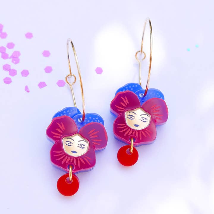 Floral gold hoop earrings, Pansy flower for wholesale by BiCA-Good Morning Design