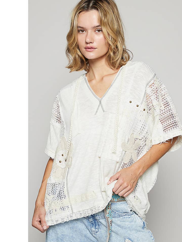 Pol Clothing - Wholesale Knit Top - Women's - V-neck short sleeve crochet contrast solid top SALE