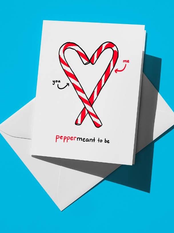 Meant to Be Punny Christmas Holiday Greeting Card, Heart Peppermint Candy Cane Design, A2 Size, Premium Matte Cardstock, Includes Envelope for wholesale by semiserious studio