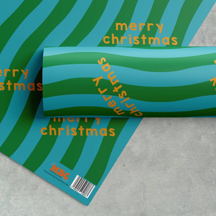 Blue and Green Merry Christmas Gift Wrap for wholesale by Maddison Ball Creative