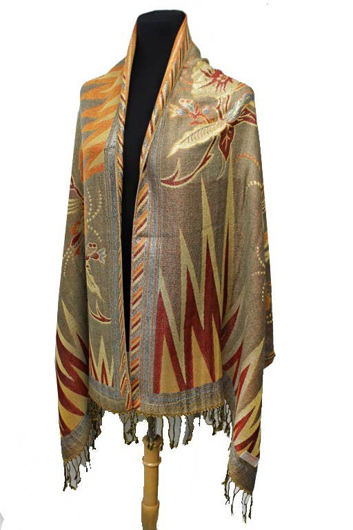 Cap Zone - Wholesale Scarf - Women's - Sharp Geometric Golden Shimmered Floral Pashminas2