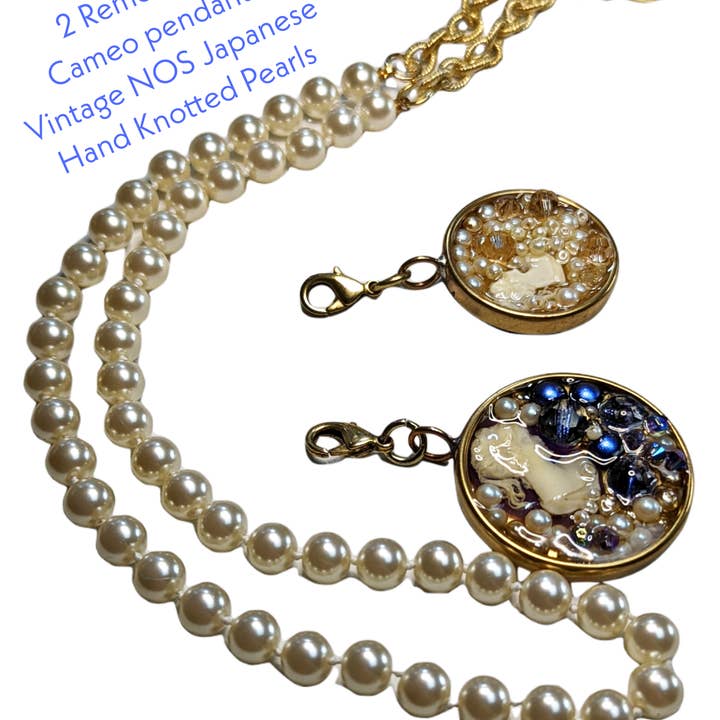 Gay Isber Designs - Wholesale Pendant/Charm Necklace - 2 Removable Cameo Pendants + Hand Knotted Round Vintage Japan Pearls Necklace Gay Isber Sister Collection