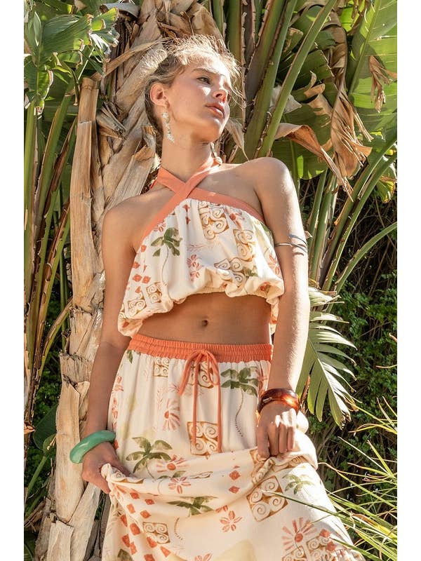 Cream Multi Printed Halter And Skirt Set for wholesale on Faire10