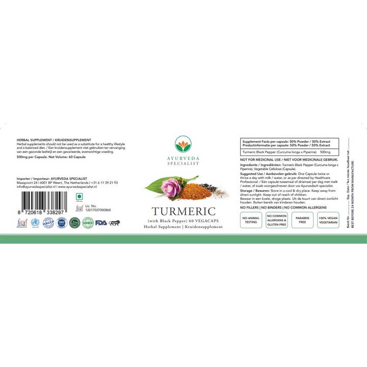 Ayurveda Specialist B.V. - Wholesale Oral supplement/vitamin - Turmeric with Black Pepper (Turmeric, Yellow Root)1