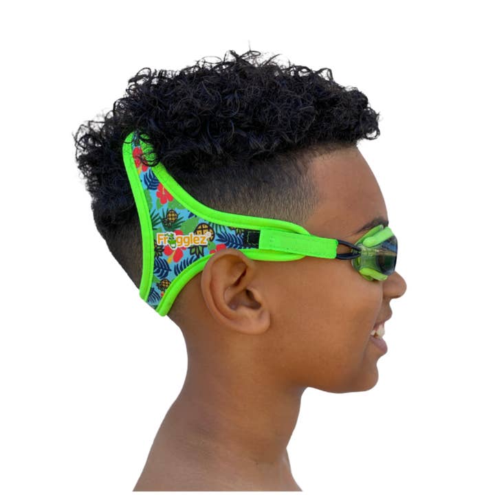 Green Tropical Strap Swim Goggles for Kids for wholesale by FROGGLEZ Swim Goggles