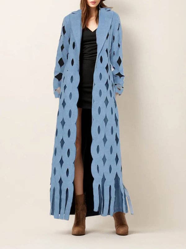 Capispalla in denim con colletto dentellato con nappine in tinta unita a maniche lunghe per la vendita all'ingrosso da parte di VividLux