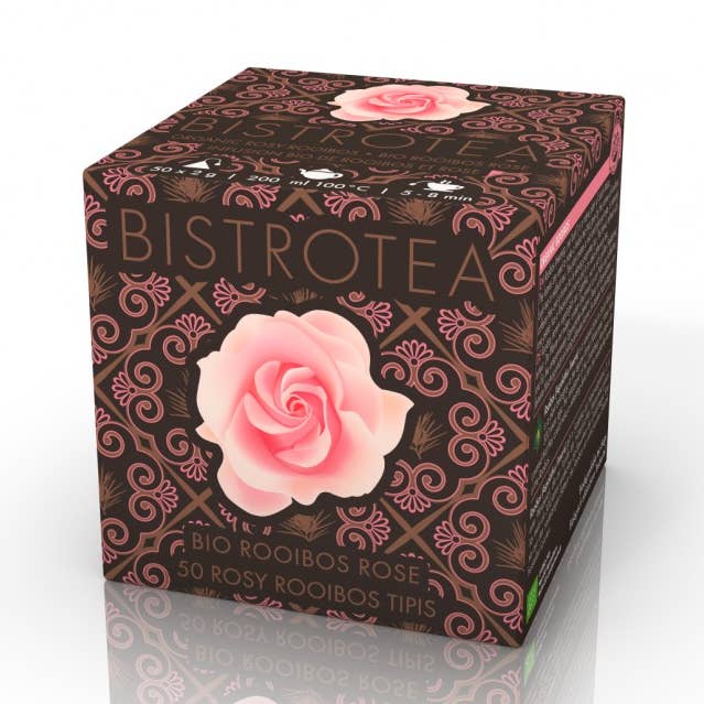 Doos van 50 biologische rooibos- en rozenthee-infusietipis voor wholesale door Bistrotea