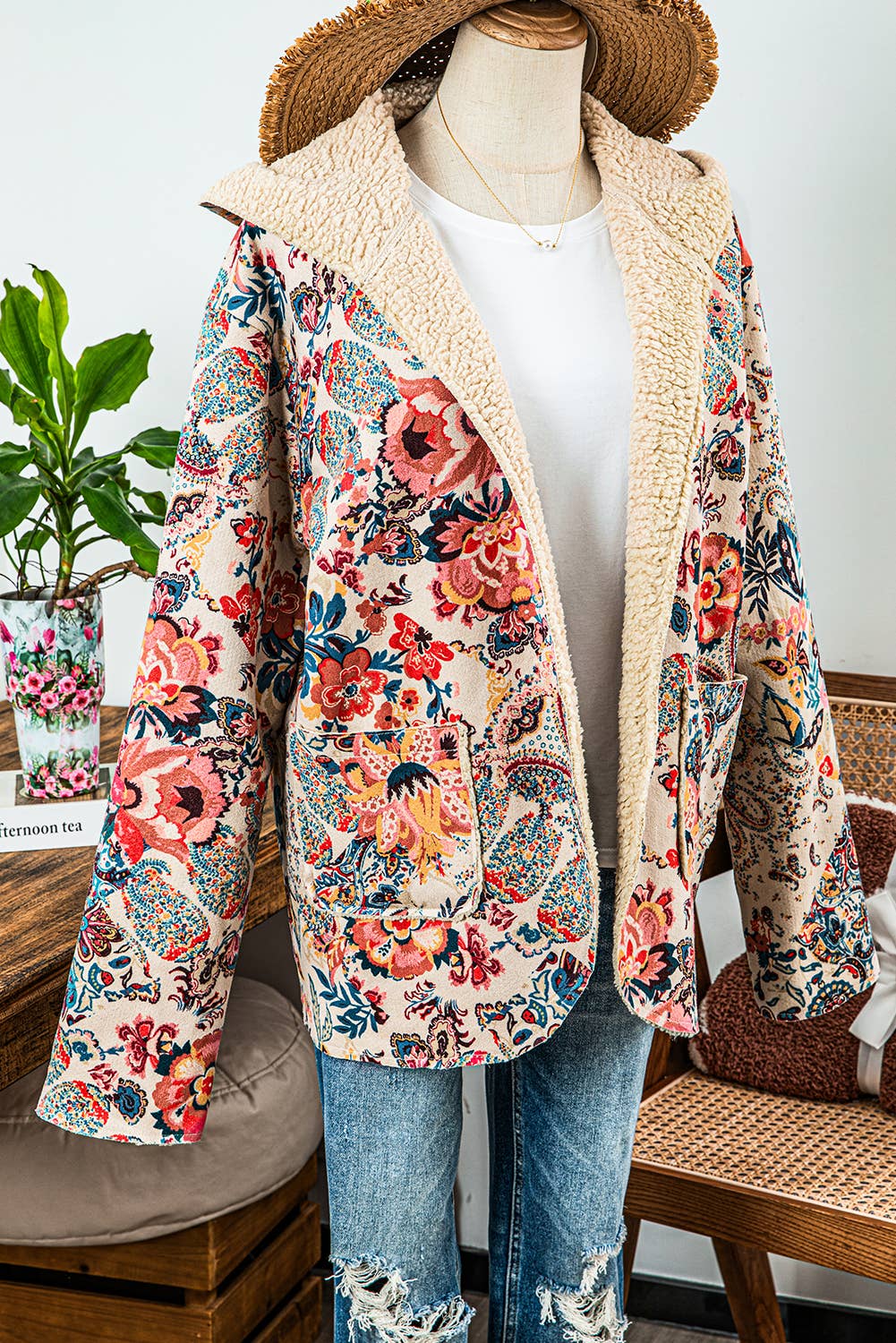 As shown Fashion-W Vintage Paisley Floral Sherpa Lined Hooded Jacket for wholesale on Faire4