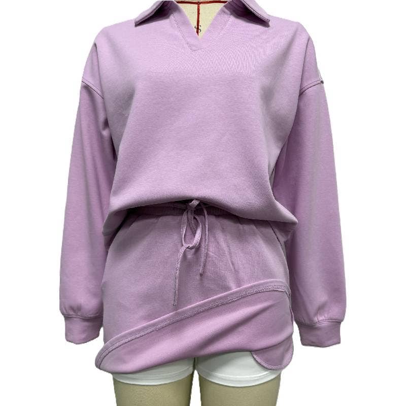 Rosa Clothing - Wholesale Top & Skirt Set - Women's - Lapel Collar Pullover Top & Lining Skirt Athleisure Set1