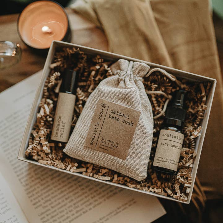 Soulistic Root - Essential Oils & Self Care Gifts - Wholesale Bath & Body Set - Gift Set | Sore Muscle Relief | Headache | Oatmeal Bath Soak
