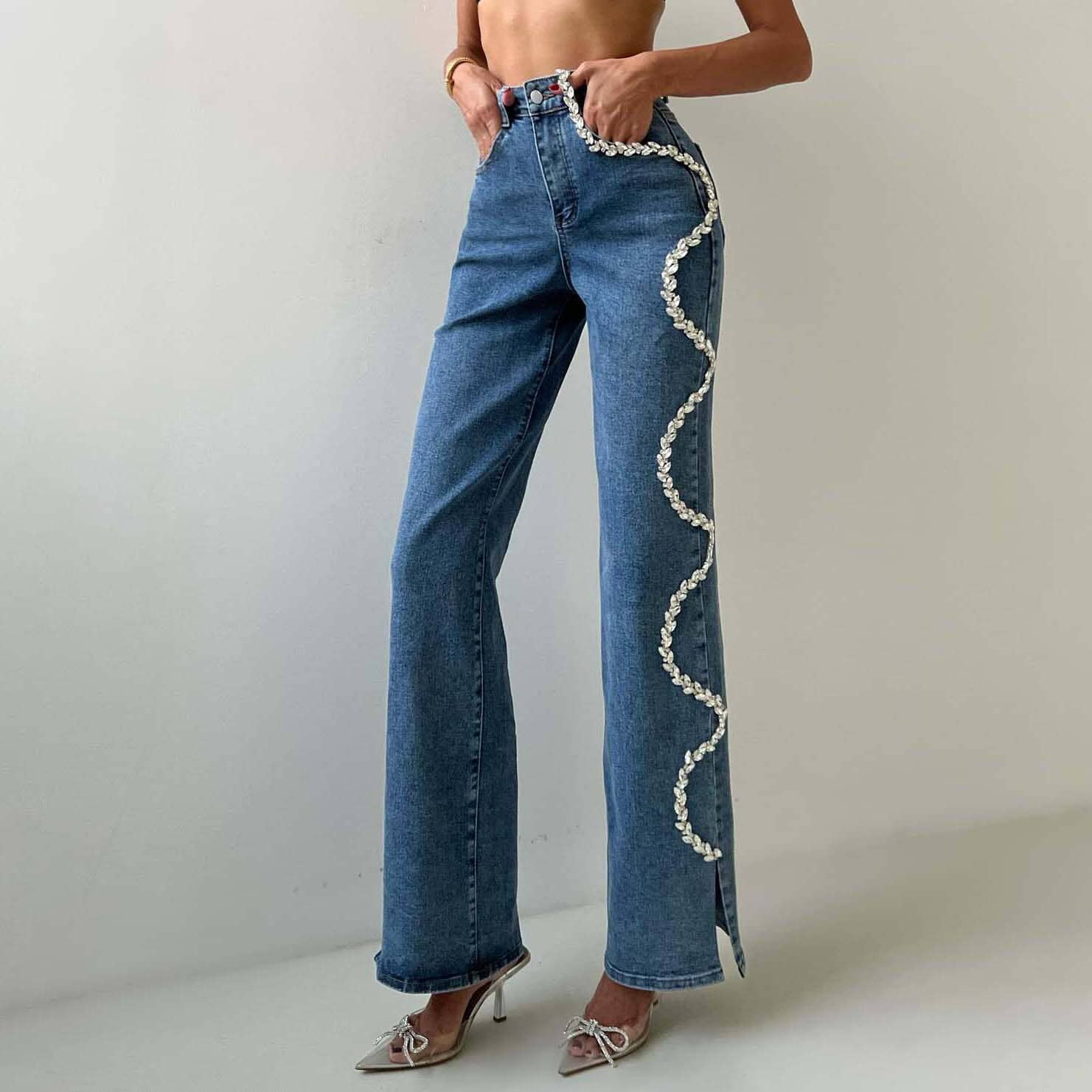 Azul Calça feminina jeans reta com corrente de diamantes, cintura alta para venda a revendedores na Faire0