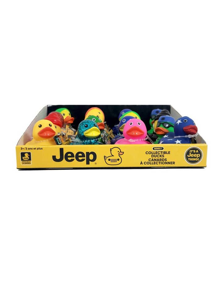 Jeep® Branded Ducks 2" Vinyl Mini Figures in Open Display for wholesale by License 2 Play Toys