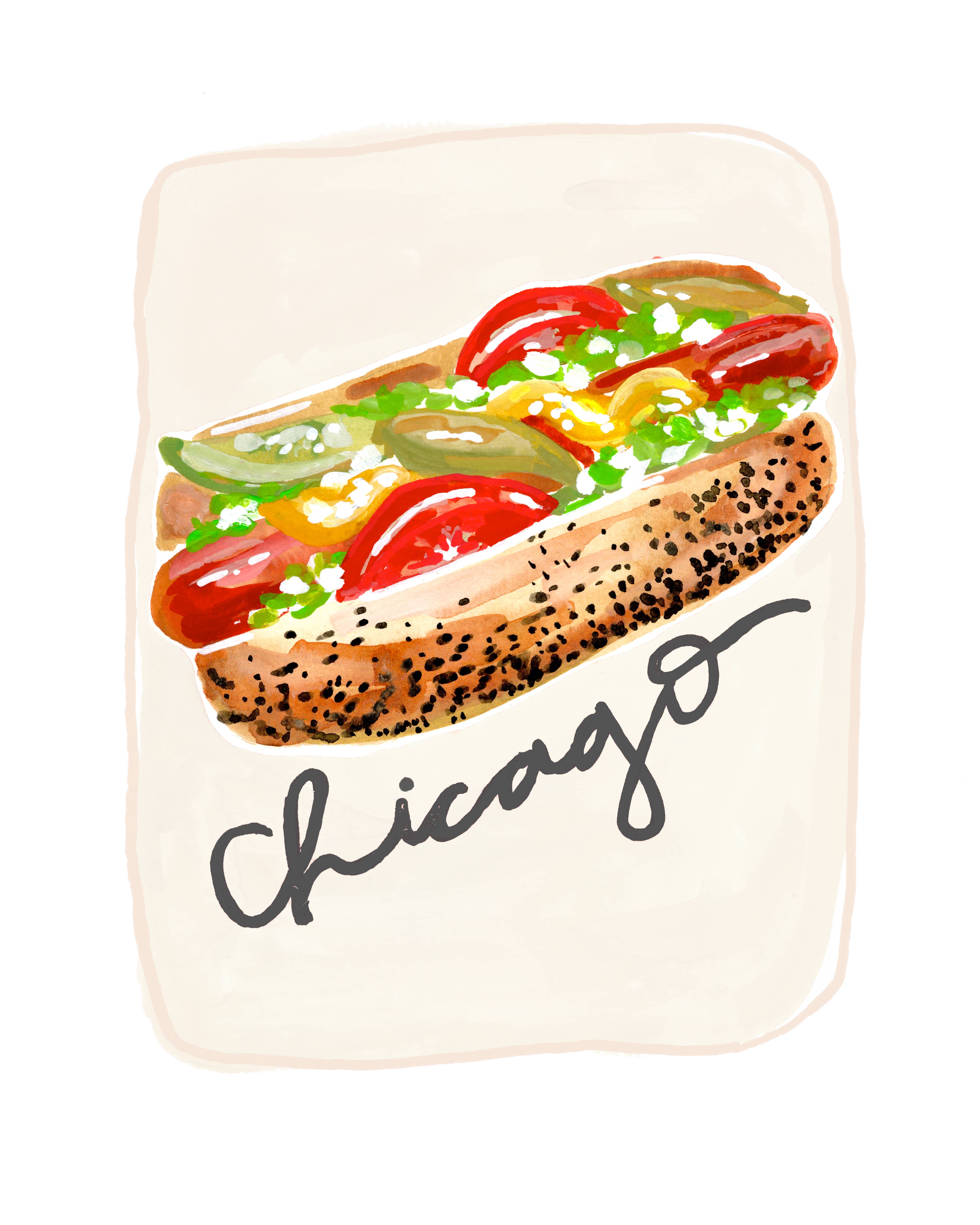 Chicago Style Hot Dog Art Print (Multiple Color Options) for wholesale by Rachel Reynolds Art