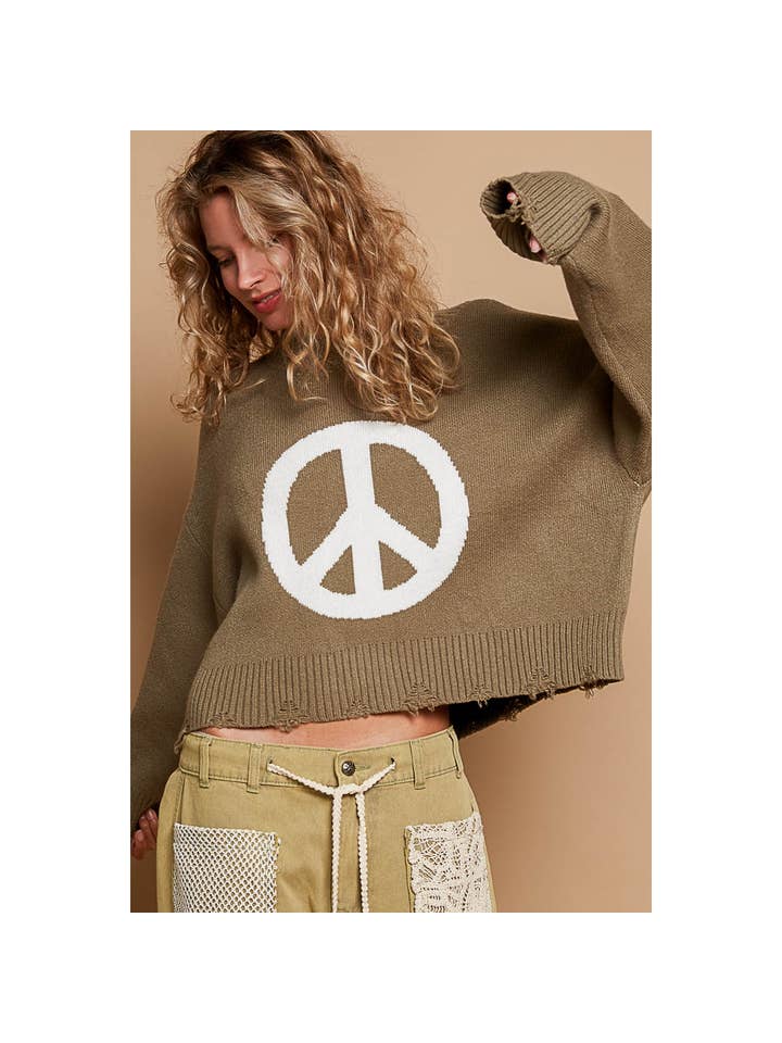 Pol Clothing - Wholesale Knit Sweater - Women's - Round neck long sleeve peace sign solid sweater SALE