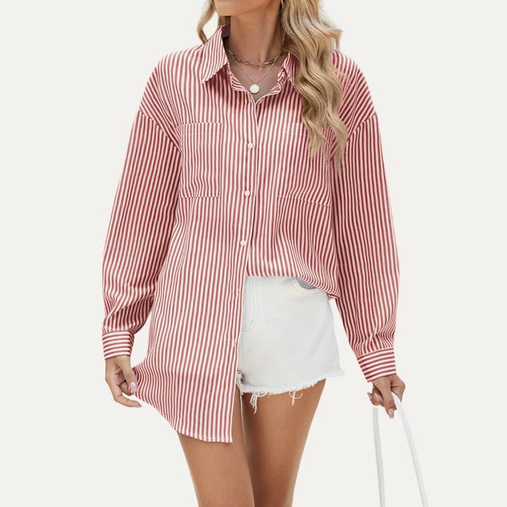 The Moment Collection - Wholesale Button Down Shirt - Women's - Actively Stripe Printed Long Sleeve Button-Up Shirt4