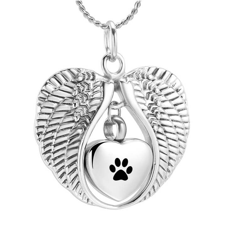 Zilveren Angel Wings Hart Paw Print Crematie Urn Ketting voor wholesale door Cherished Emblems