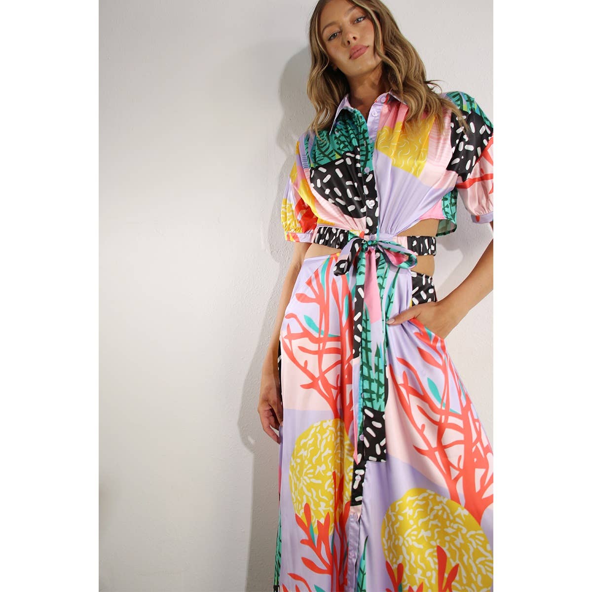 LAVENDEL MULTI TILLBAKA ÖPPEN MIDJA BAND SKJORTOR MAXI KLÄNNING för wholesale på Faire11