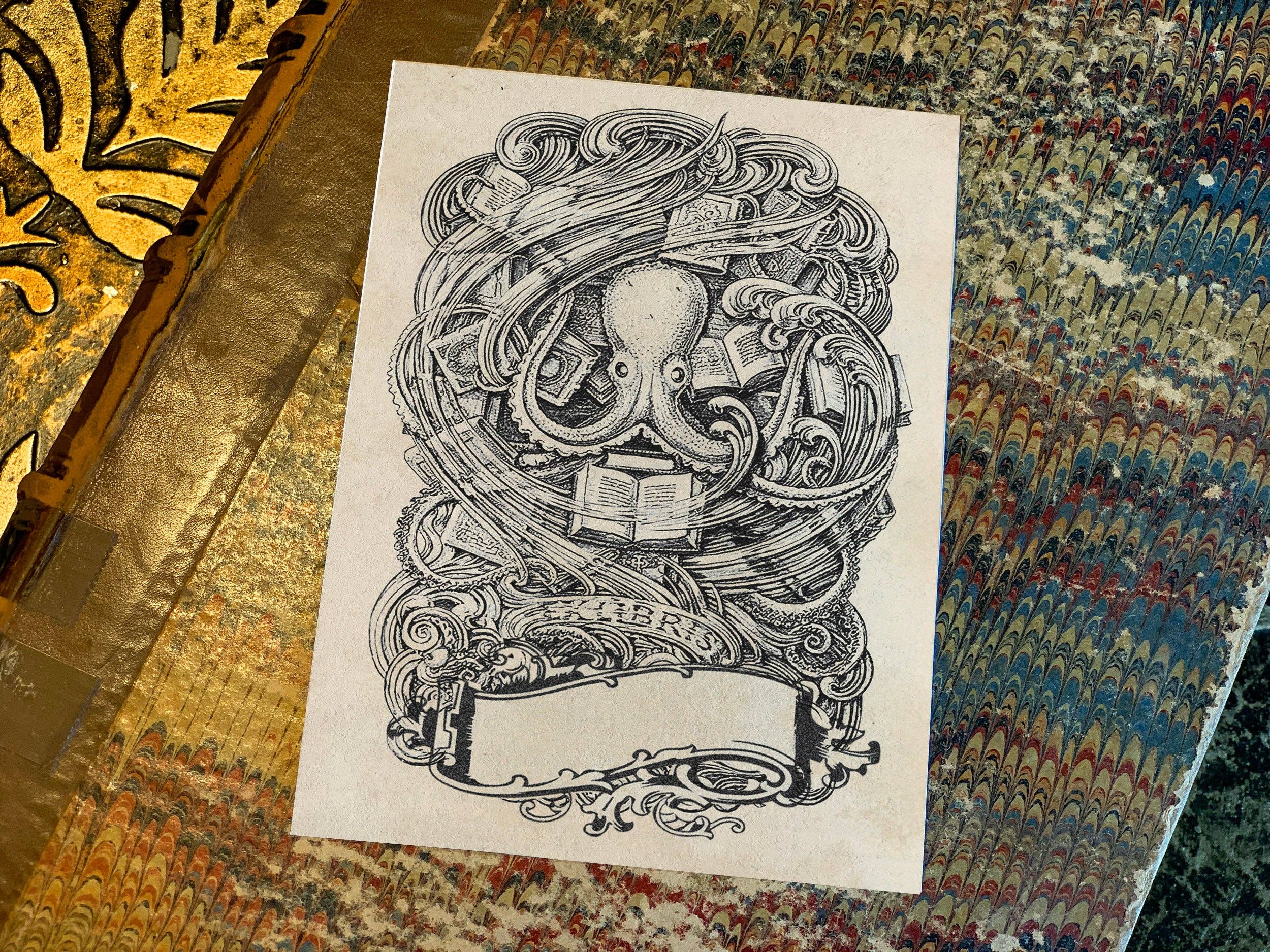 Ebon et Noir LLC - Wholesale Book Plate - Octopus, Gummed Paper Ex-Libris Bookplates1