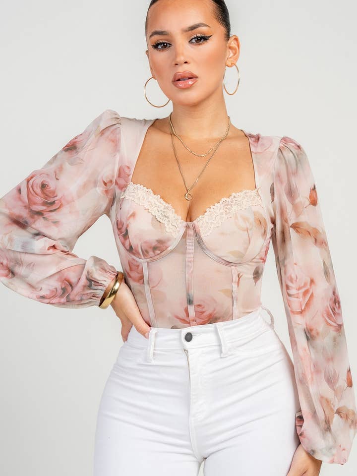 PT44905K /ROMANTIC FLORAL MESH LACE TRIM SWEETHEART BODYSUIT for wholesale by PRIVY