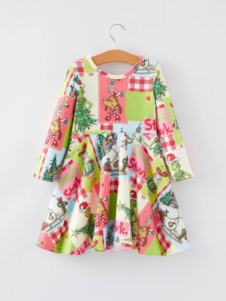 Rylee Faith Designs - Wholesale Dress - Kids - Autumn Winter Character Christmas Tree Print Girls Dress