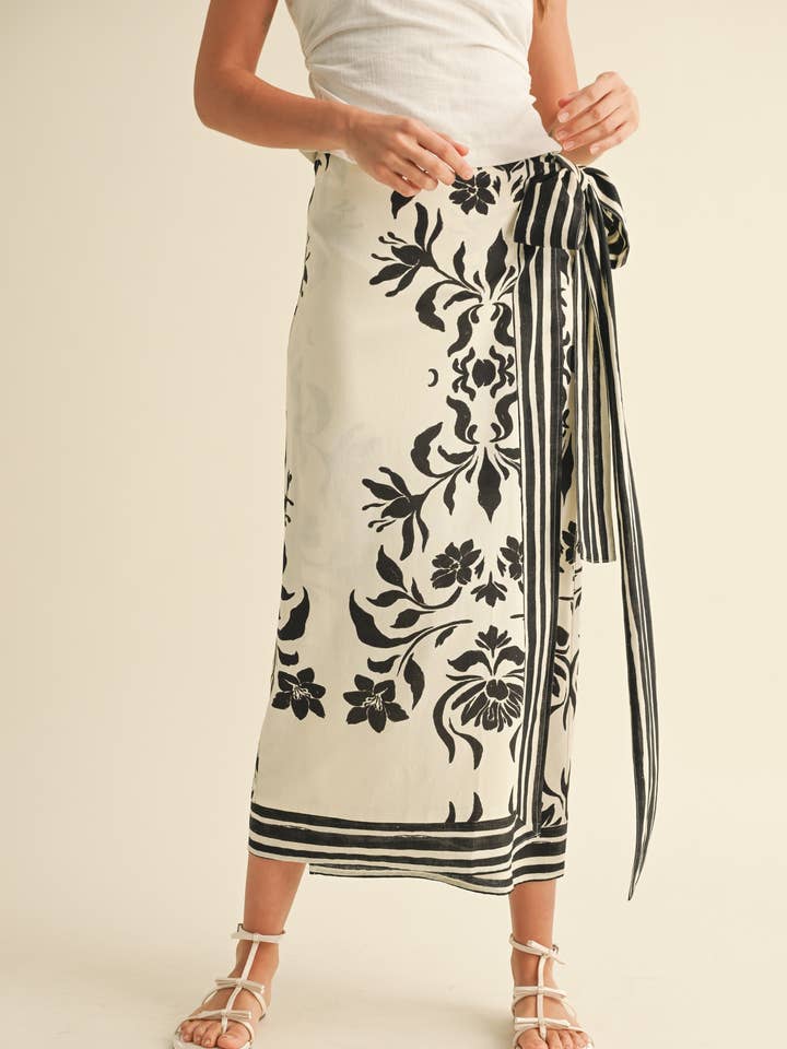 Black S5512 FLORAL PRINT LINEN WRAP SKIRT for wholesale on Faire