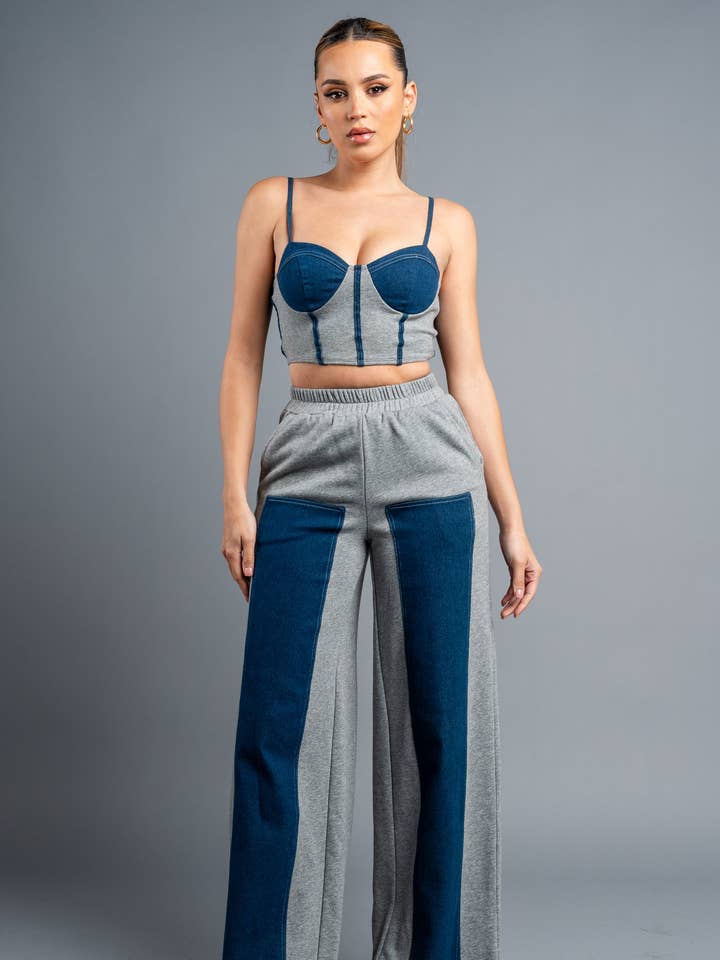 PS9475N-W_SEXY TWO TONE STRETCH DENIM BUSTIER & PANTS SET for wholesale by PRIVY