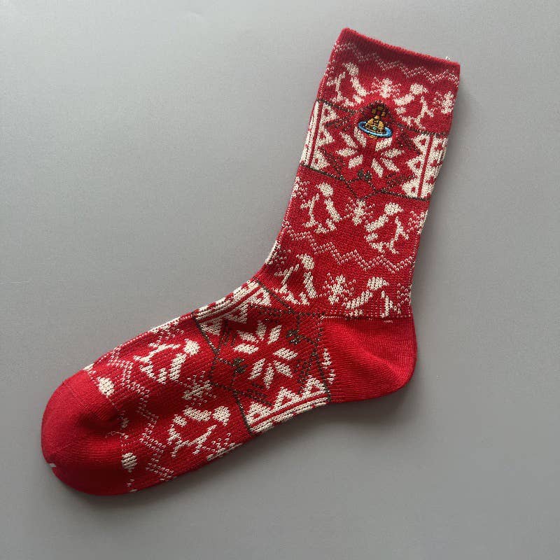 Tourtiwi - Wholesale Socks - Women's - Red Snowflake & Geometric Patterns Christmas Crew Socks1