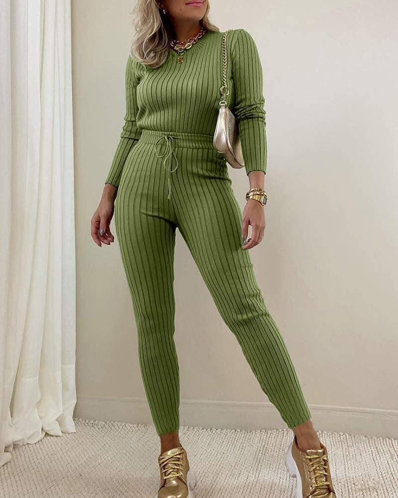 GREEN sleeve ribbed knit top drawstring waist pants set for wholesale on Faire