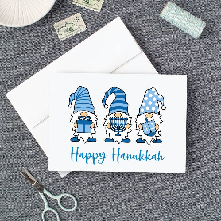 Happy Hanukkah Gnomes Jewish Holiday Stationery, Set of 10 Cards and Envelopes for wholesale by Designing Moments