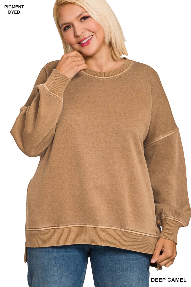 42POPS – wholesale Sweatshirt – Women's – .0827 Plus Pigment Dye Fleece Hi Low Hem Pullover With Pocket SI-213