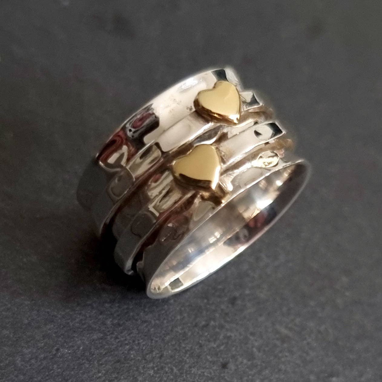 Mistry Gems – wholesale Band/stacked ring – Wide Gold Heart Spinner Ring | 925 Sterling Silver & Brass, SP052