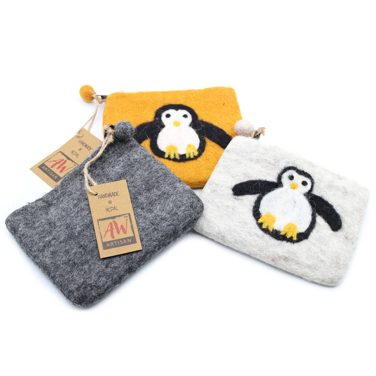 AW Artisan - Wholesale Coin Purse - Unisex - Natural Felt Purse (surt) - Cute Penguin3
