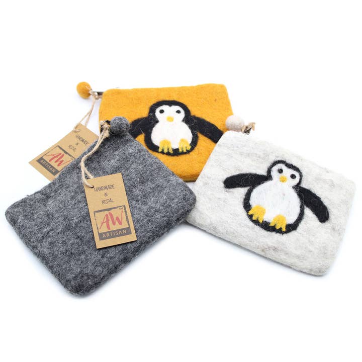AW Artisan - Wholesale Coin Purse - Unisex - Natural Felt Purse (surt) - Cute Penguin3