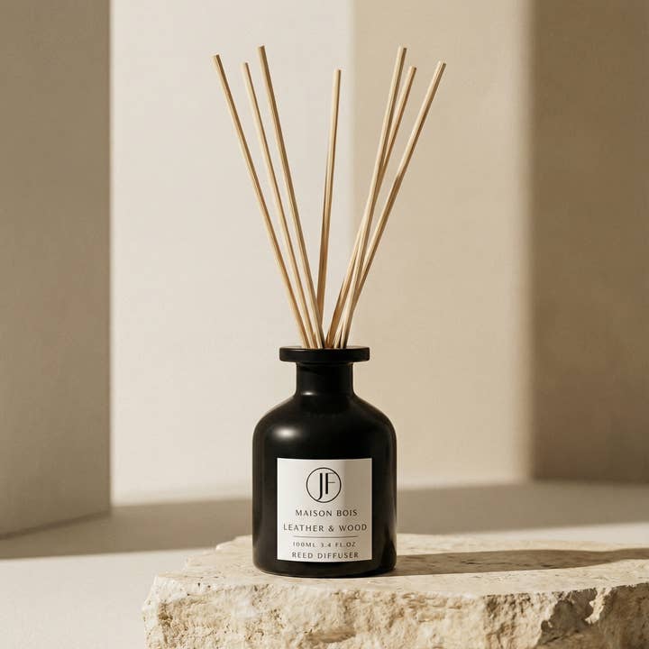 Leather & Wood Reed Diffuser for wholesale by JF Scented Candles