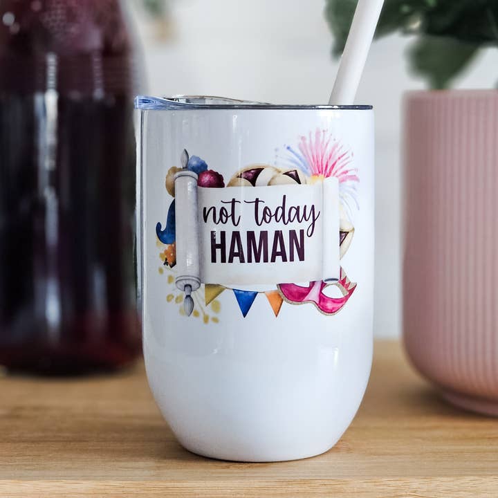 Ikke i dag Haman Funny Purim Wine Tumbler for engroshandel hos Salt Sparkle Shalom