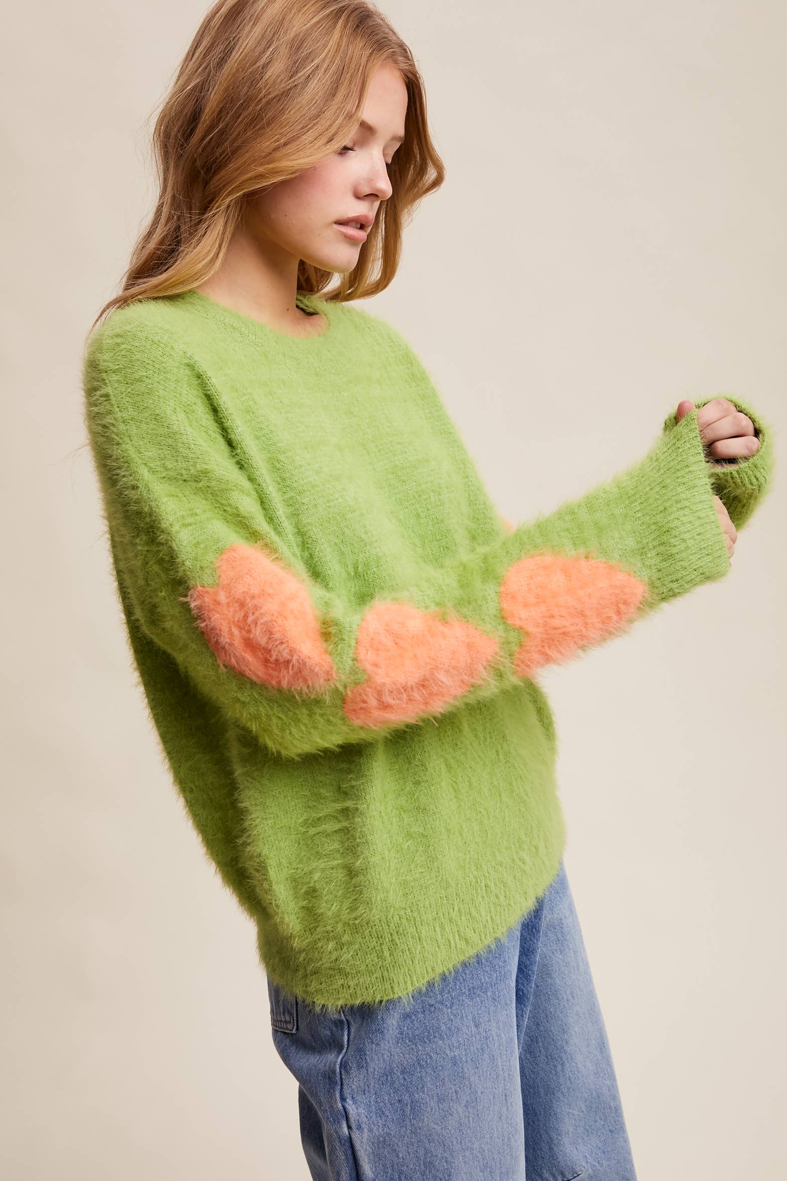 Listicle - Wholesale Knit Sweater - Women's - Fuzzy Heart-Sleeve Pullover Sweater LSW08727