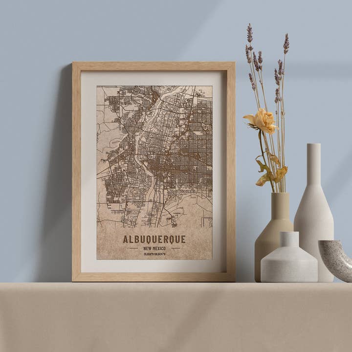 Map Of Albuquerque, New Mexico, Woodcut. for wholesale by Kustwood