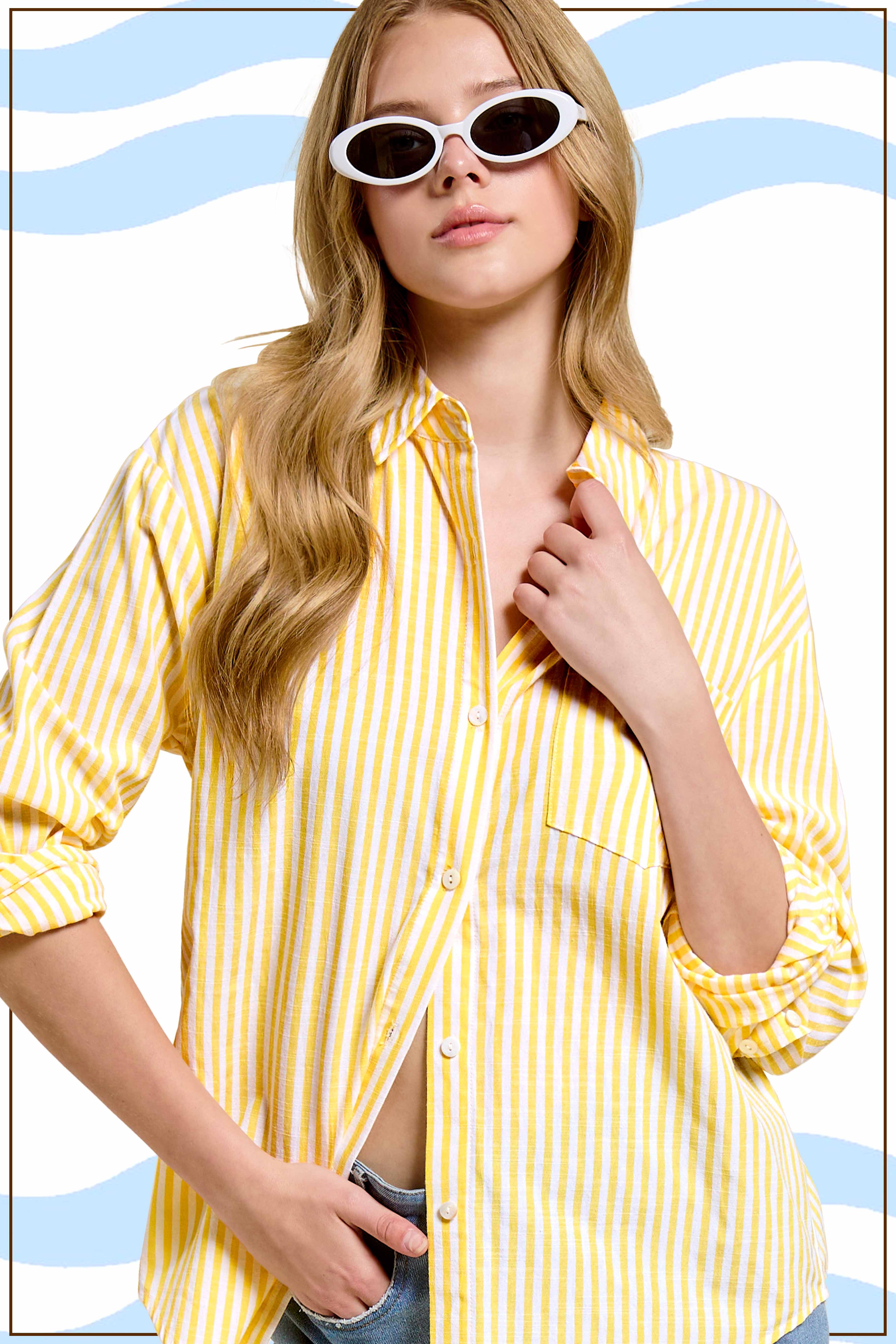 La Miel - Wholesale Button Down Shirt - Women's - SRT7903-Collared Contrast Stripe Button Down Shirt3