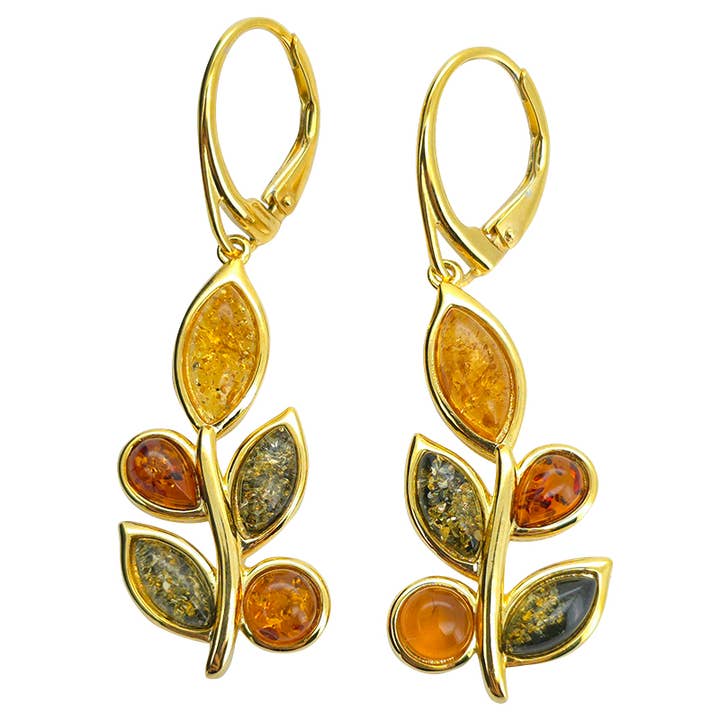 Multi-Color Amber Leaf Design 14K Gold-Plated Silver Earring for wholesale by Amberman