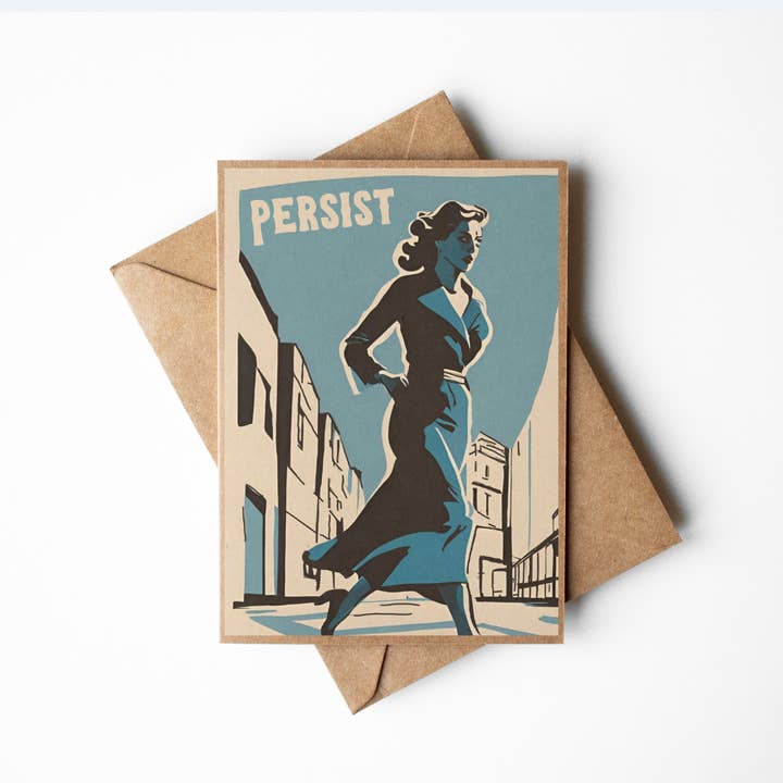 Cryptic Paper Co. - Vendita all'ingrosso Biglietti di auguri generici - Biglietto di auguri della libreria "Persist" donna in carta kraft marrone Art Deco