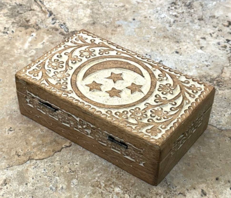 Lungta Imports - Wholesale Decorative Box - Celestial Moon and Stars Hand Carved Wooden Box Storage5
