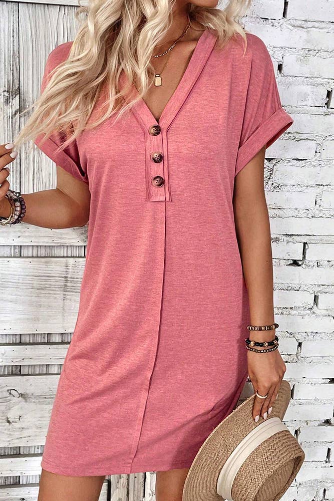 UNISHE - Wholesale Dress – Women's - Plain V Neck Buttoned Exposed Seam T-Shirt Dress AXR09521