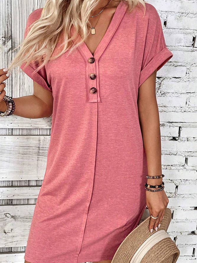 UNISHE - Wholesale Dress – Women's - Plain V Neck Buttoned Exposed Seam T-Shirt Dress AXR09521