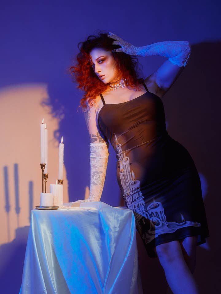 Melting Candles Mesh Wiggle Dress for wholesale by Wax Poetic Clothing