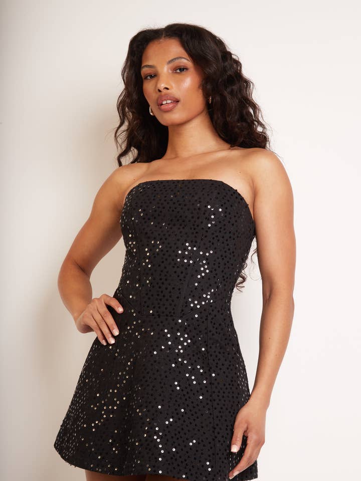 Vestido Mini Corset em Sarja com Lantejoulas Pretas Lorna por atacado de Jaded Rose