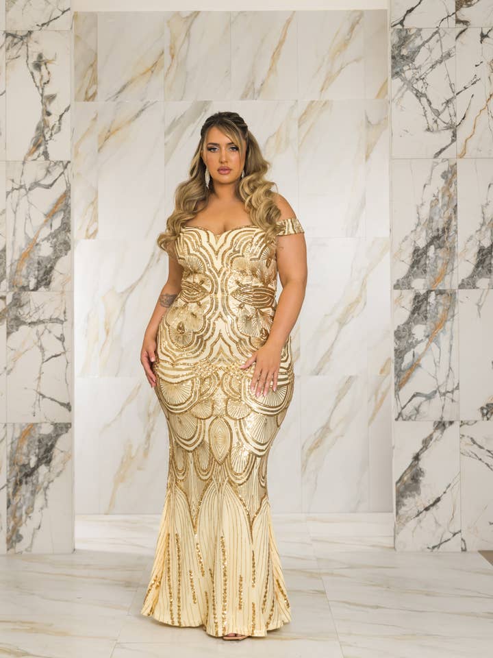 RICARICA INC. - Wholesale Gown - Women's - P1013AP8-PLUS SIZE OFF SHOULDER MERMAID SEQUIN MAXI DRESS