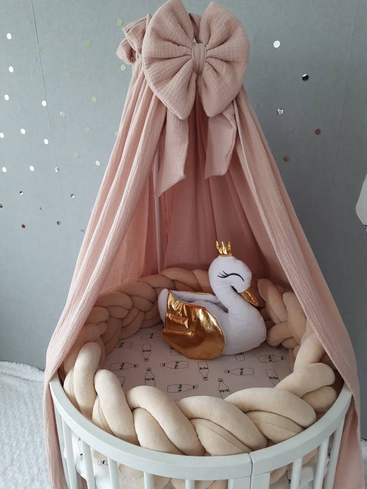 White Muslin Canopy with Bow&Swan Pillow for Nursery for wholesale by Allbright Kids