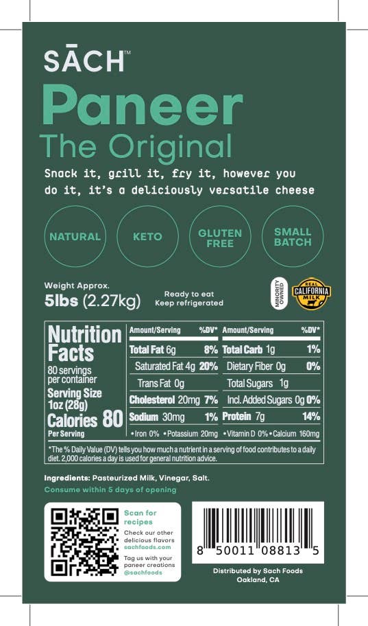 SACH FOODS - Wholesale Cheese - Food Service Block (5lb) - Natural Paneer Cheese2