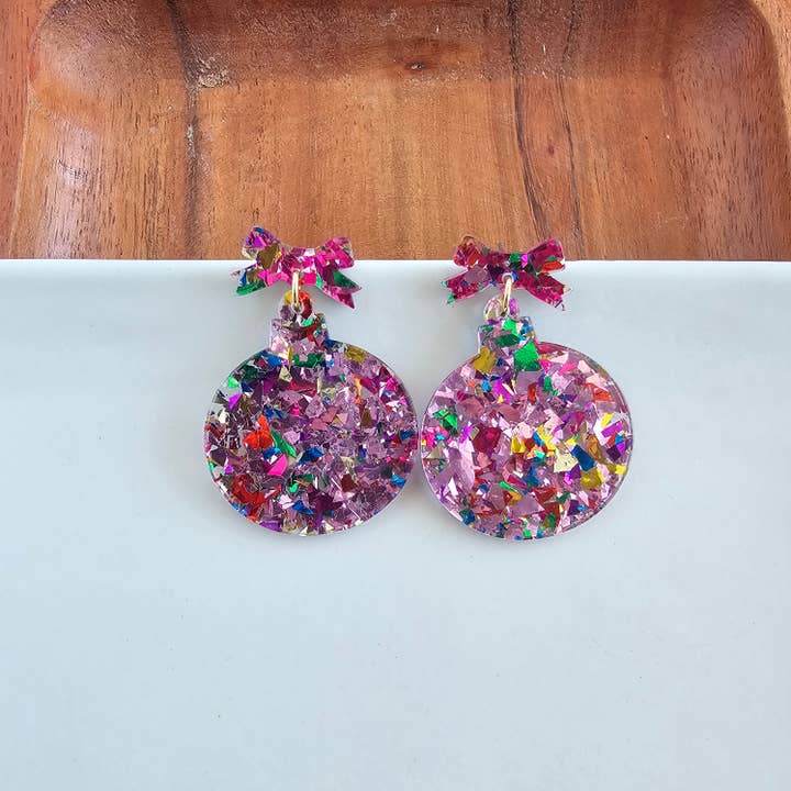 Spiffy & Splendid - Wholesale Dangle Earrings - Christmas Ornament Earrings - Light Pink Sparkle // Holiday